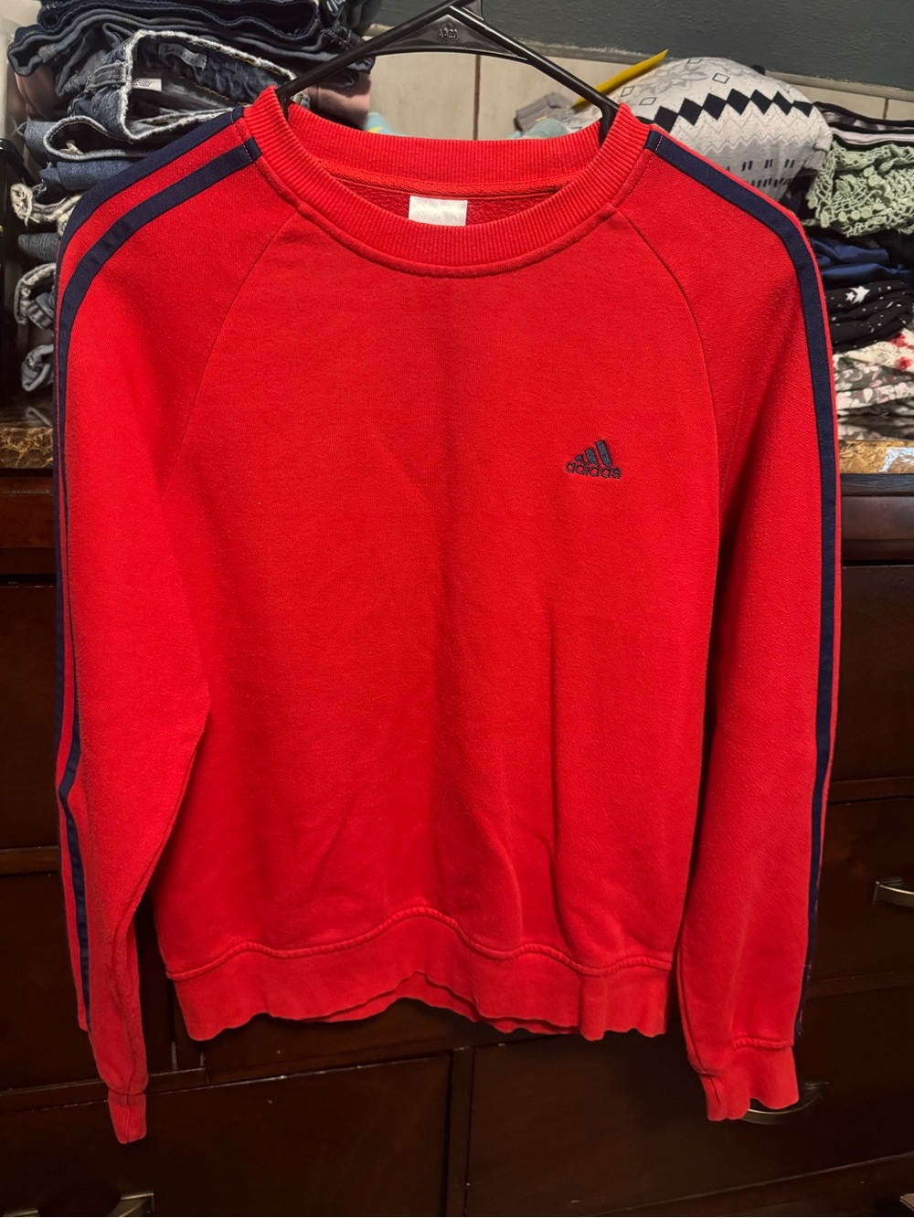 adidas Red Crewneck with Navy Shoulder Stripes